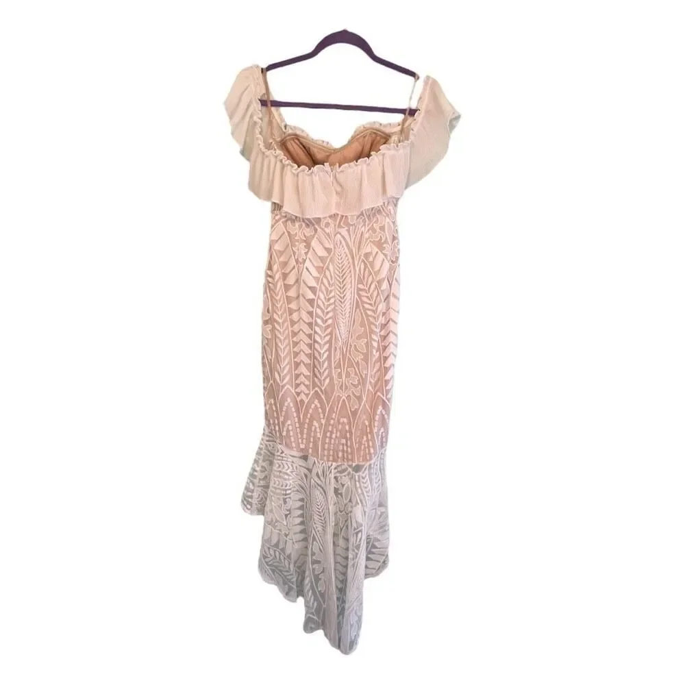 Selfie Leslie Dreamy Off The Shoulder Dress Ivory Tan Lace High Low Ruffle S - Picture 7 of 13